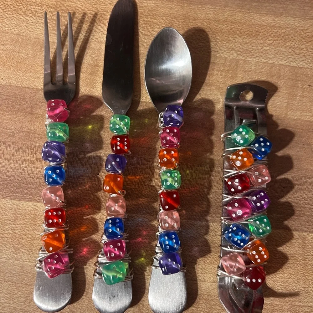 Artsy Colored Dice Charcuterie Utensils with Bottle Opener 4 Piece